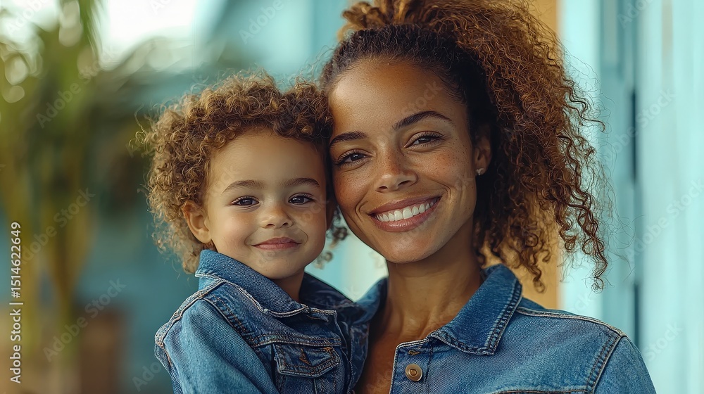 Fototapeta premium Joyful mother and daughter smiling together in denim jackets outdoors