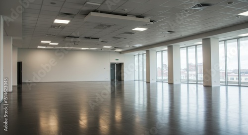 Empty Modern Office Space for Rent - Spacious, bright, modern office space with large windows and polished floors. Ideal for various businesses