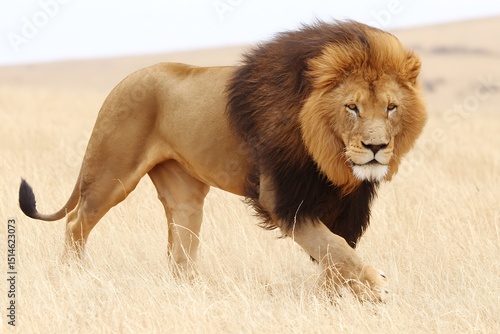 Magnificent lion prowling through golden grassland