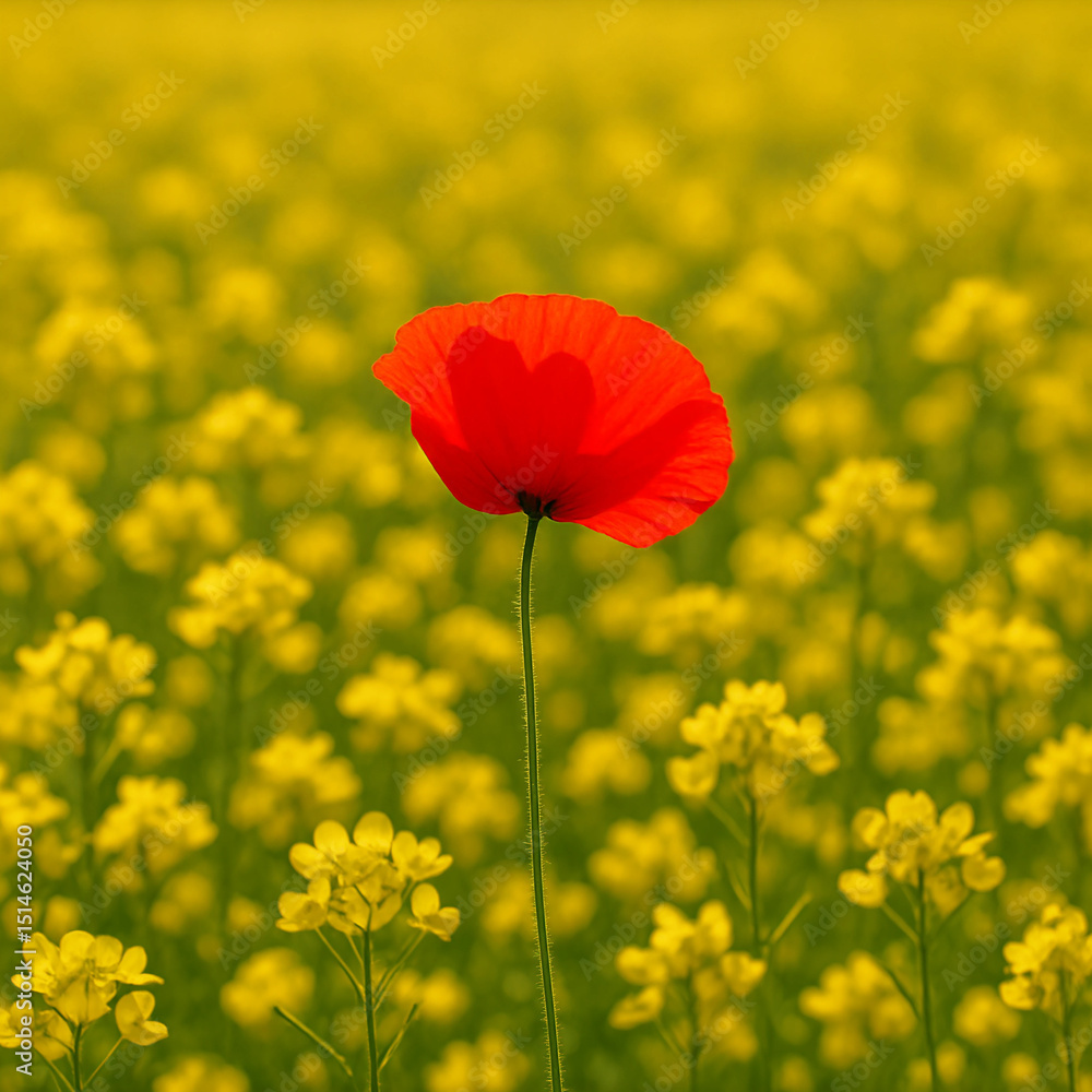 Obraz premium Vivid Red Poppy Amidst Vibrant Yellow Flower Field in Bloom.Vivid Red Poppy Amidst Vibrant Yellow Flower Field in Bloom..