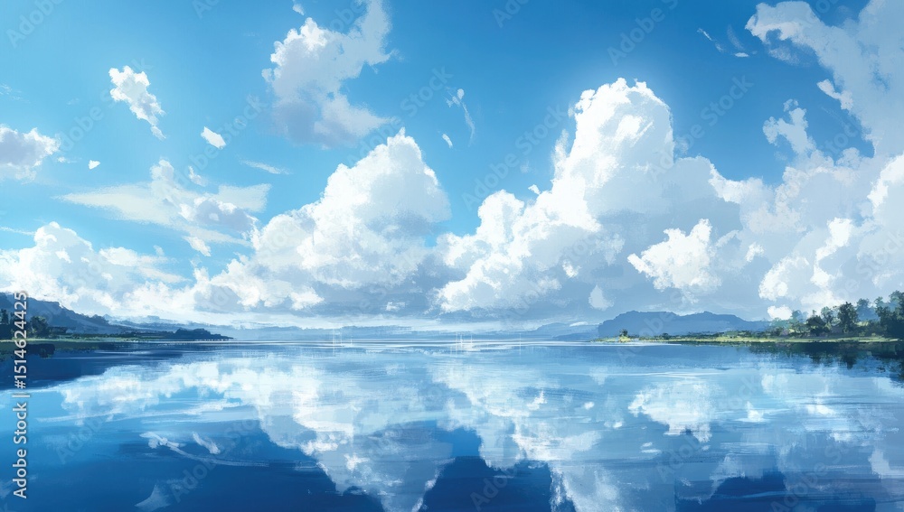 Naklejka premium Serene lake landscape, fluffy clouds reflected