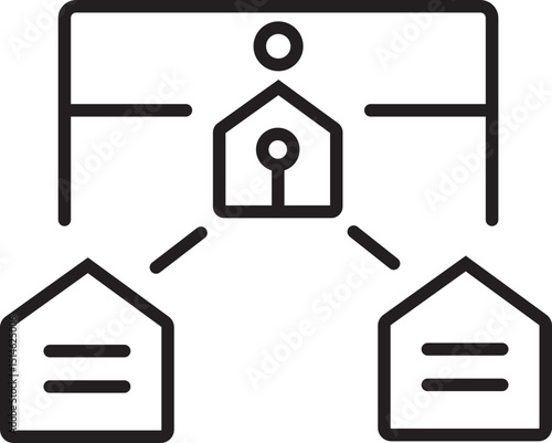 Simple black and white line illustration depicts network diagram with interconnected nodes and houses, symbolizing communication or organizational structure