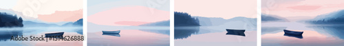 Vector landscape with a boat on the lake mountains and fog beautiful morning landscape with rising sun pink and blue color scheme nature wallpaper background travel tourism outdoor recreation lonely