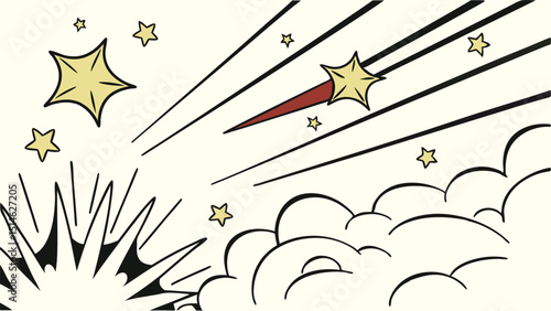 Shooting Star Comic Book Style with Exploding Star and Clouds
