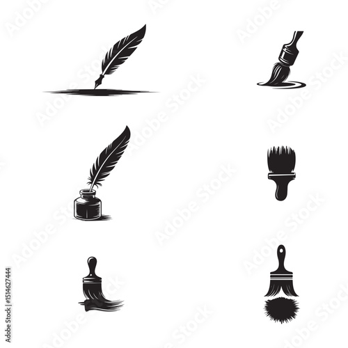 A set of black and white vintage-style icons depicting a quill dipped in ink, an inkwell, and paintbrushes.