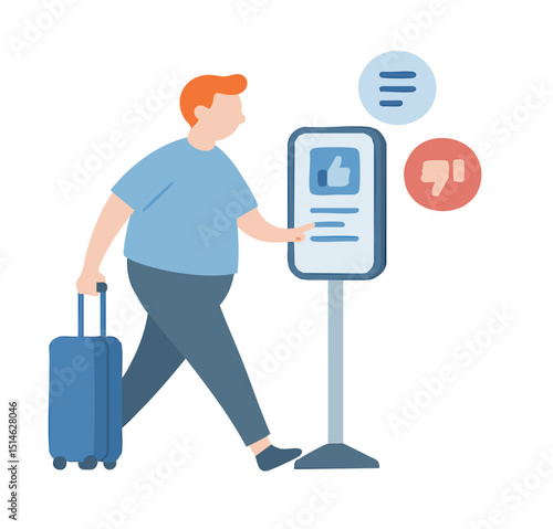 Flat Illustration Man with Luggage Using Airport Feedback Kiosk Terminal