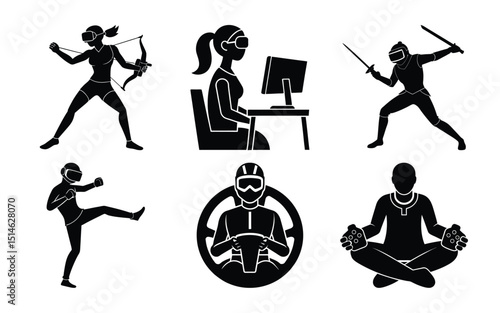 Collection  silhouette set  Of Black Silhouette Icons Showing People Wearing VR Goggles In Various Poses And Styles on white background 