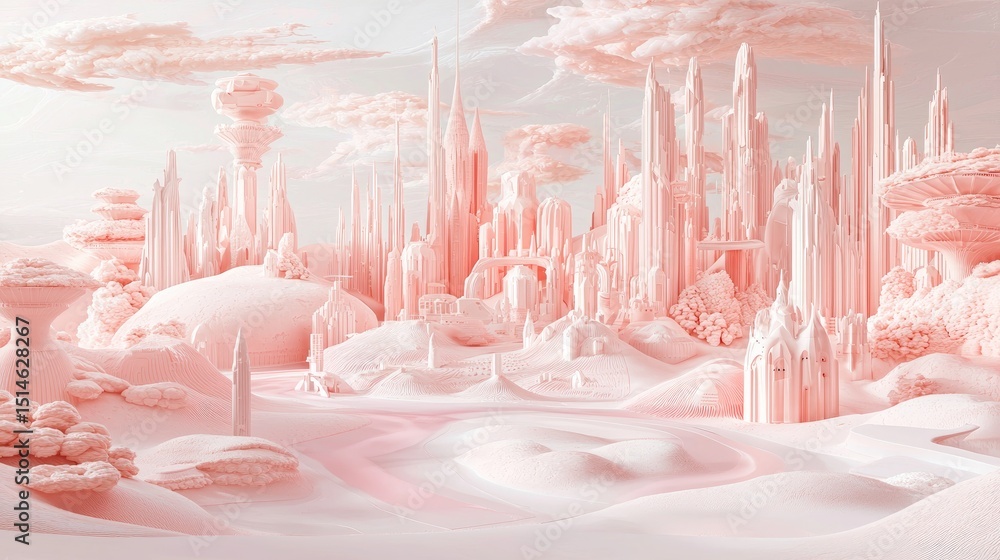 Fototapeta premium A candy-colored, fantastical city nestled in a pink landscape.