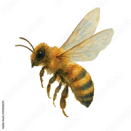 Vector freehand watercolor illustration of a flying Bee, isolated on a white background. Hand drawn watercolour Beekeeper.  honeybee for card design, packaging, fabric, packaging