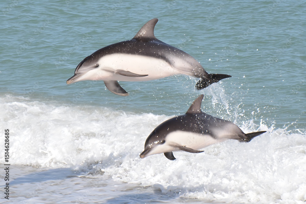 Fototapeta premium Dolphins leaping joyfully from ocean waves