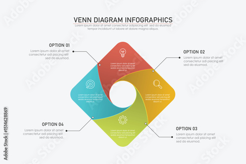Venn diagram infographic chart template for business 3, 4 parts, options, presentation with venn diagram elements vector illustration.