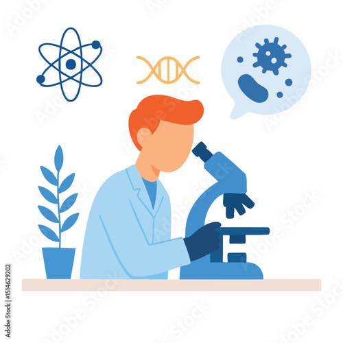 Flat Detailed Scientist Observing Through Microscope Medical Science Illustration