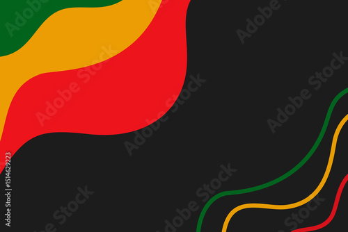 Juneteenth abstract background. Bold red, green, and yellow curves on black. Perfect for social media, presentations, and event flyers. Celebratory, powerful atmosphere for Juneteenth
