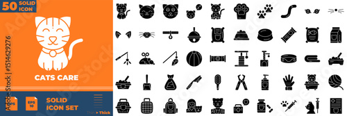 Cats Care Solid Editable Icons set. Vector illustration in modern thin solid style of cats care icons: accessories, toys, hygiene products, food, etc