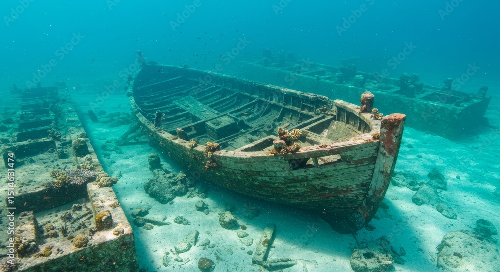 Sunken Vessels in Clear Waters - An underwater scene showcasing several old wooden boats resting on the ocean floor, surrounded by clear, shallow water and marine life Sunken Vessels in Clear Waters - An underwater scene showcasing several old wooden boats resting on the ocean floor, surrounded by clear, shallow water and marine life