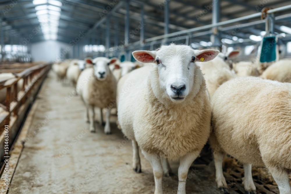 Fototapeta premium Group of Healthy Sheep in a Modern Agricultural Barn Environment Demonstrating Cleanliness, Comfort, and Livestock Farming Standards