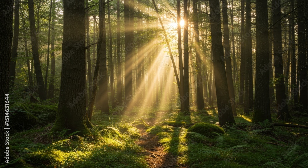 Obraz premium Sunlit Forest Path - Sunbeams stream through the trees onto a mossy forest path. Peaceful and serene nature scene