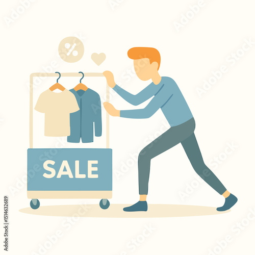 Flat Illustration Man Pushing Clothing Rack with Sale Sign Icon