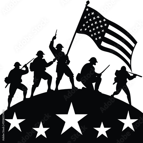 Patriotic Silhouette Soldiers Raising American Flag with Stars