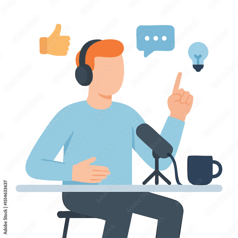 Flat Design Podcast Host Speaking into Microphone Illustration Element Flat Design Podcast Host Speaking into Microphone Illustration Element