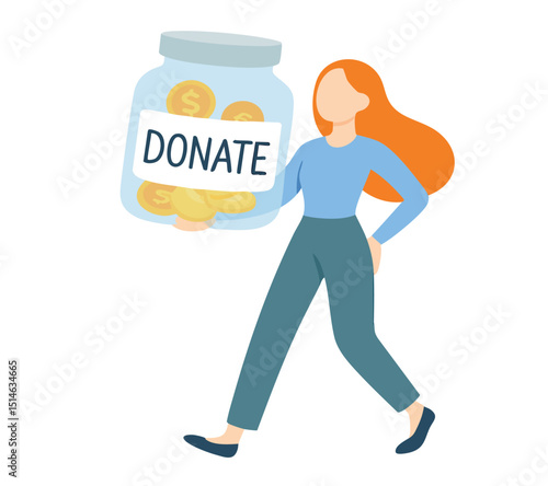 Flat Style Red Hair Woman Holding Donate Jar, Fundraising Illustration