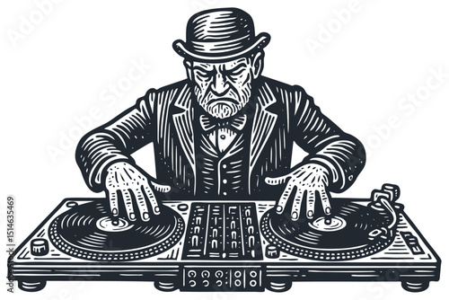 Vintage DJ: cool senior man in bowler hat & formal suit mixing music on turntables. Retro linocut vector art. Unexpected, monochrome character.