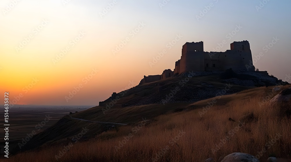 Fototapeta premium Sunset Silhouette of Ancient Hilltop Castle Ruins