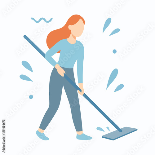 Flat Illustration Woman with Mop Cleaning the Floor at Home Lifestyle