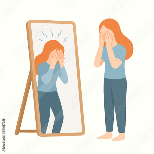 Flat Illustration of Anxious Woman Looking at Mirror Reflection Illustration