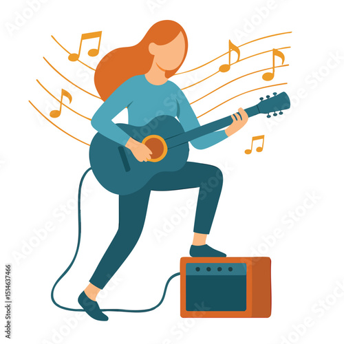 Flat Illustration Woman Playing Guitar and Singing with Musical Notes