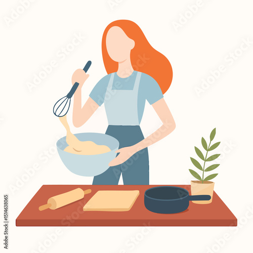 Flat Illustration of Woman Kneading Dough for Baking Preparation Process