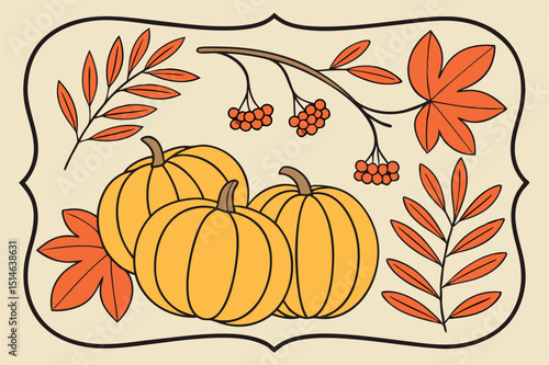Three yellow pumpkins are arranged with orange autumn leaves inside a black bordered frame