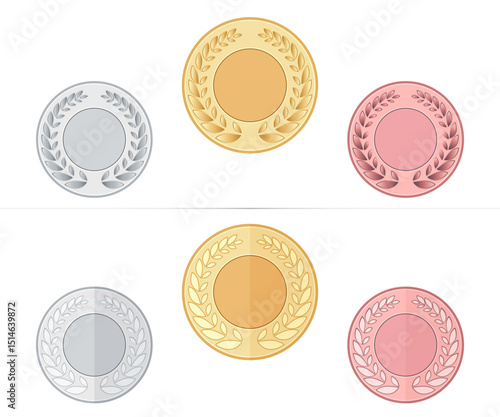 Six medals in gold, silver, and bronze in flat vector style on a white background