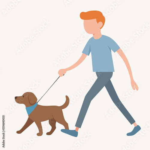 Flat Simple Style Boy Walking a Dog Pet Illustration Graphic
