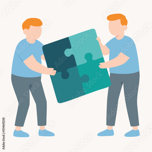 Flat Two People Assembling Big Jigsaw Puzzle Collaboration Illustration