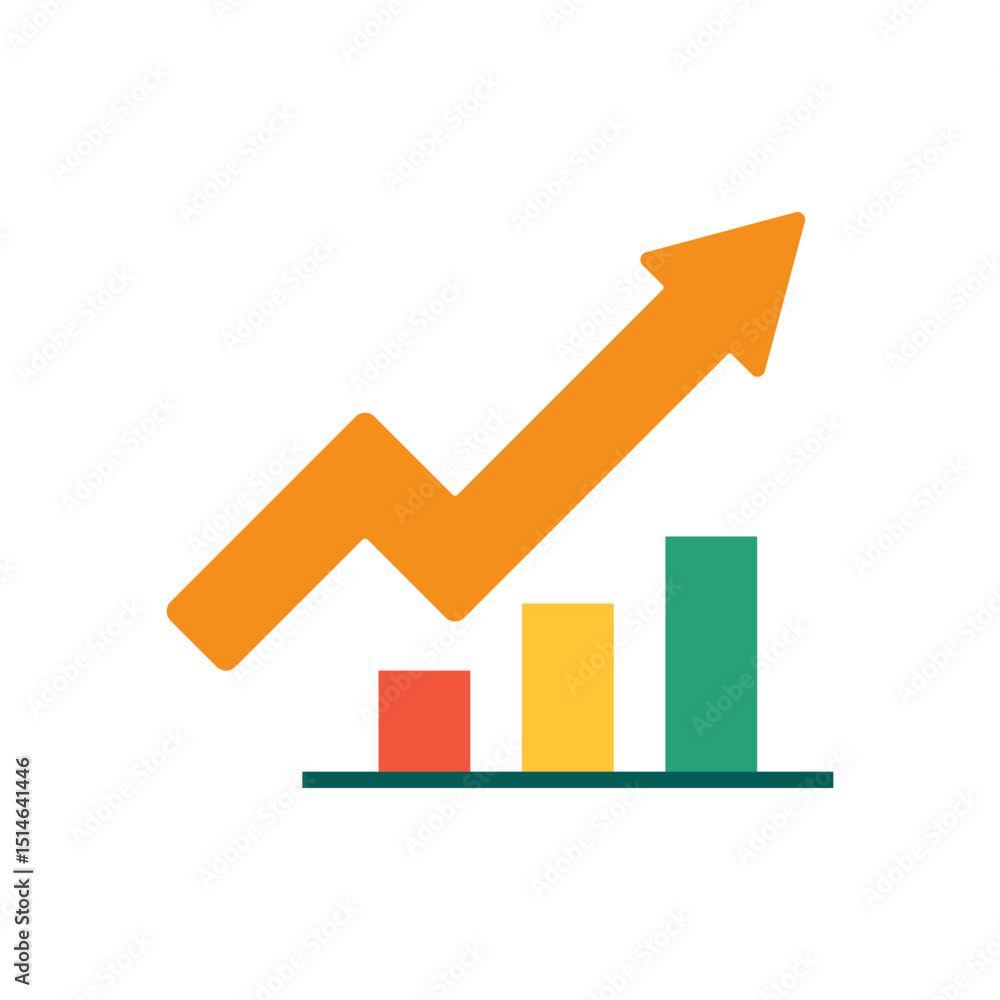 Minimalist vector icon showing rising bar graph and orange arrow symbolizing success and upward trend Minimalist vector icon showing rising bar graph and orange arrow symbolizing success and upward trend
