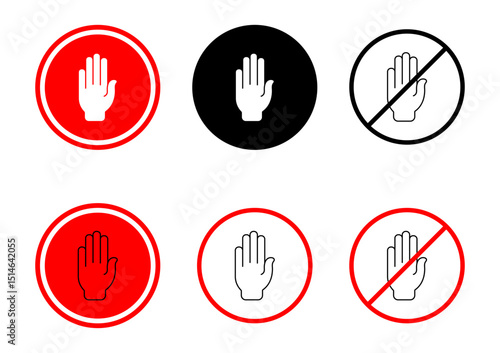 Set of red warning and prohibition signs with hand symbols. Includes solid, outline, and empty circle variations. Useful for safety, alert, and restriction concepts.