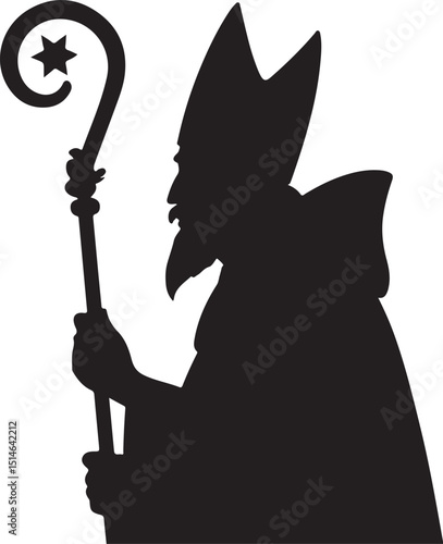 Bishop Silhouette with Crosier Staff Religious Figure