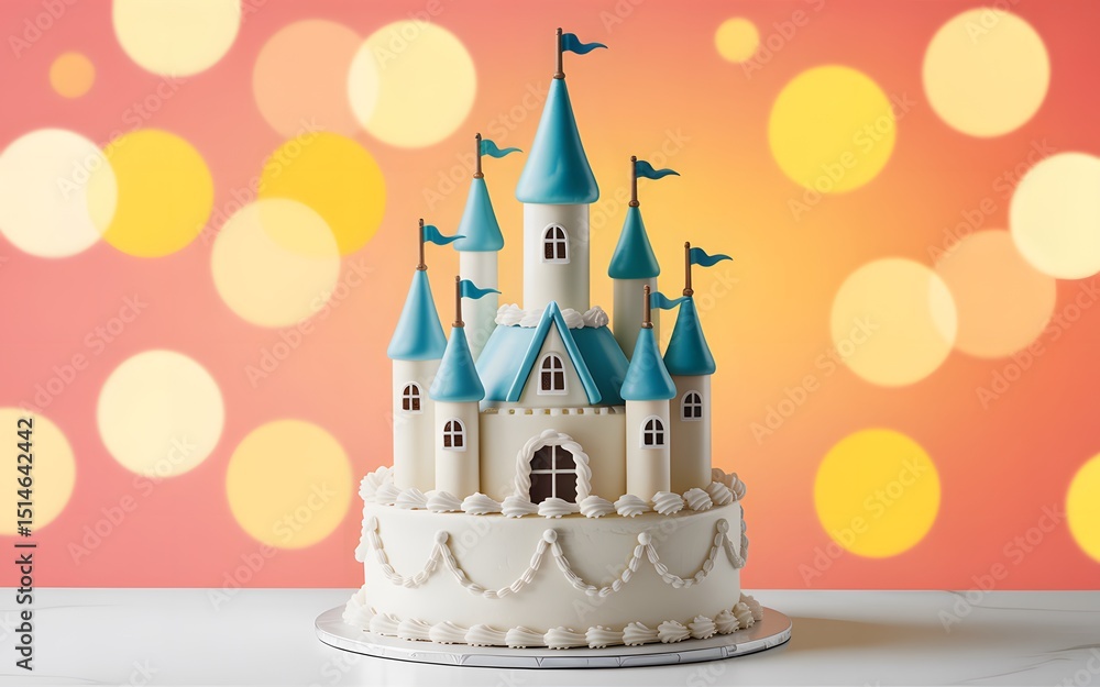 Delightful fantasy castle cake decoration on festive bokeh background for celebrations Delightful fantasy castle cake decoration on festive bokeh background for celebrations