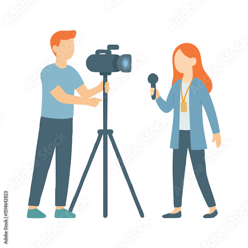 Flat Illustration of Cameraman Recording Interview with Journalist Media Profession