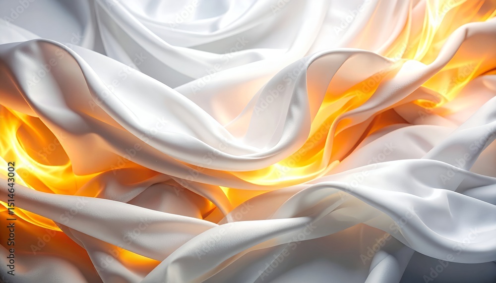 Obraz premium Abstract artistic composition featuring flowing white fabric with dynamic folds and golden glowing light effects creating a visually striking and elegant design