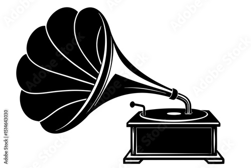 "Photorealistic Antique Gramophone – Black and White Vintage Illustration with Ornate Details & Dramatic Lighting"