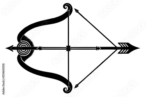"Ornate Medieval Bow and Arrow Illustration – Detailed Black and White Fantasy Wood Carving Design"