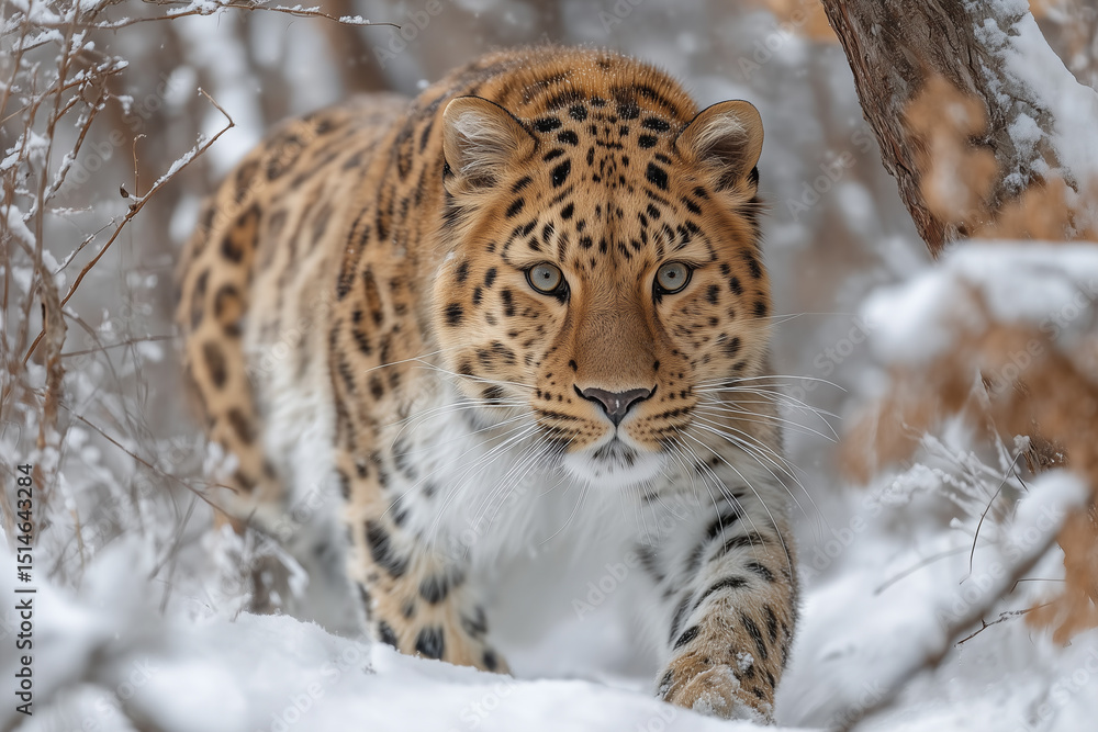 Fototapeta premium A photorealistic depiction of the rare Amur leopard in motion through a snowy forest. 
