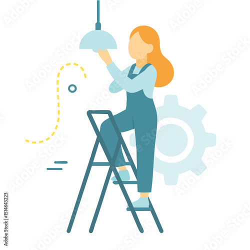 Flat Illustration Woman Installing Hanging Lamp on Ladder Home Improvement