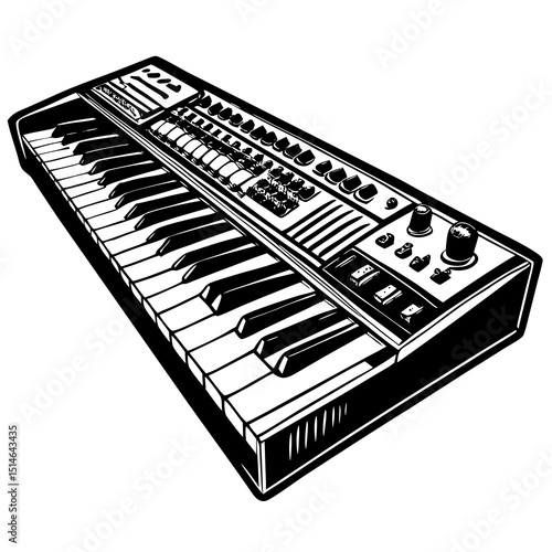 Vintage Synthesizer Keyboard – Black and White Vector Illustration"