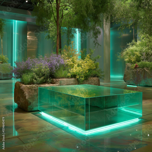 Futuristic glass podium with neon plants on chroma green backdrop – surreal blend of nature and tech