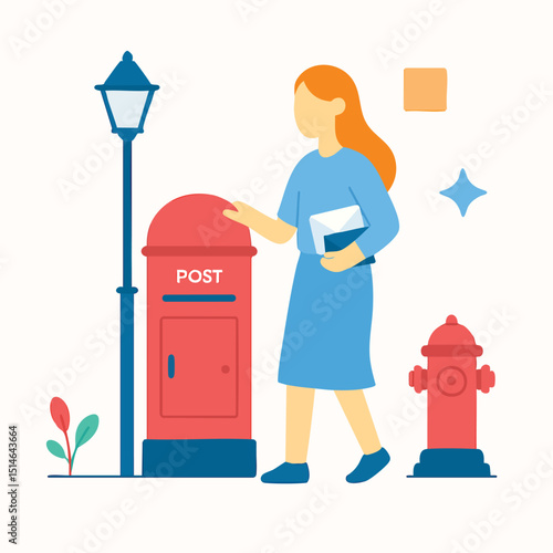 Flat Illustration Woman Mailing Letter at Red Postbox in The City Scene