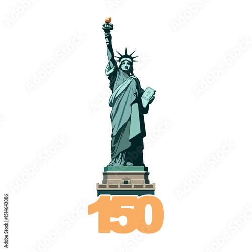 Statue of Liberty monument, poster. 150 years. July 4, USA Independence Day. Green flat design template. Holiday, welcome to America USA. New York symbol, banner, advertisement. Vector illustration