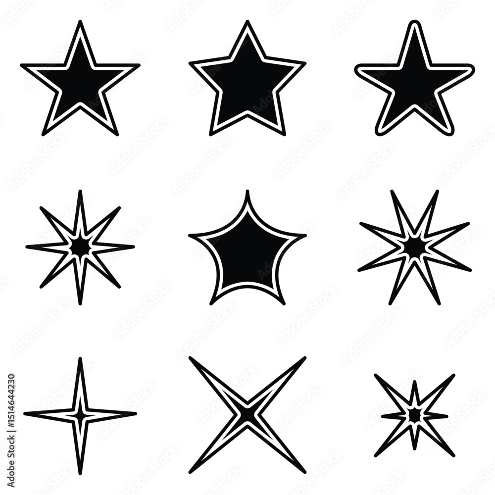 Bold Star Vector Set, Solid Black Star Shapes with White Outlines. Bold Star Vector Set, Solid Black Star Shapes with White Outlines.
